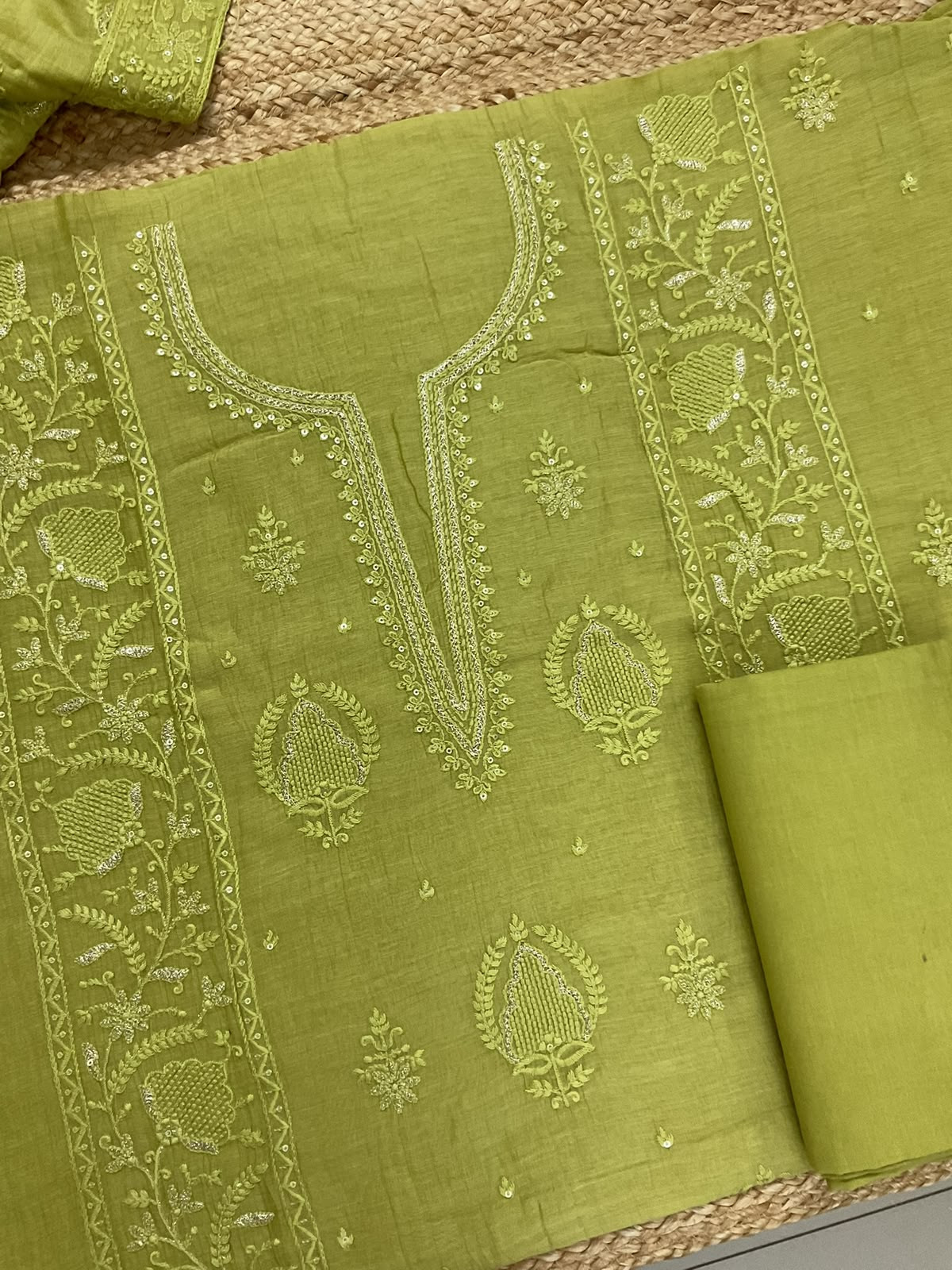 Pure Mul Chanderi Embroidered Suit - Green