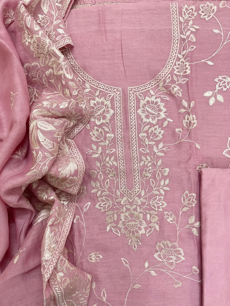 Image of Pure Mul Chanderi Embroidered Suit - Pink