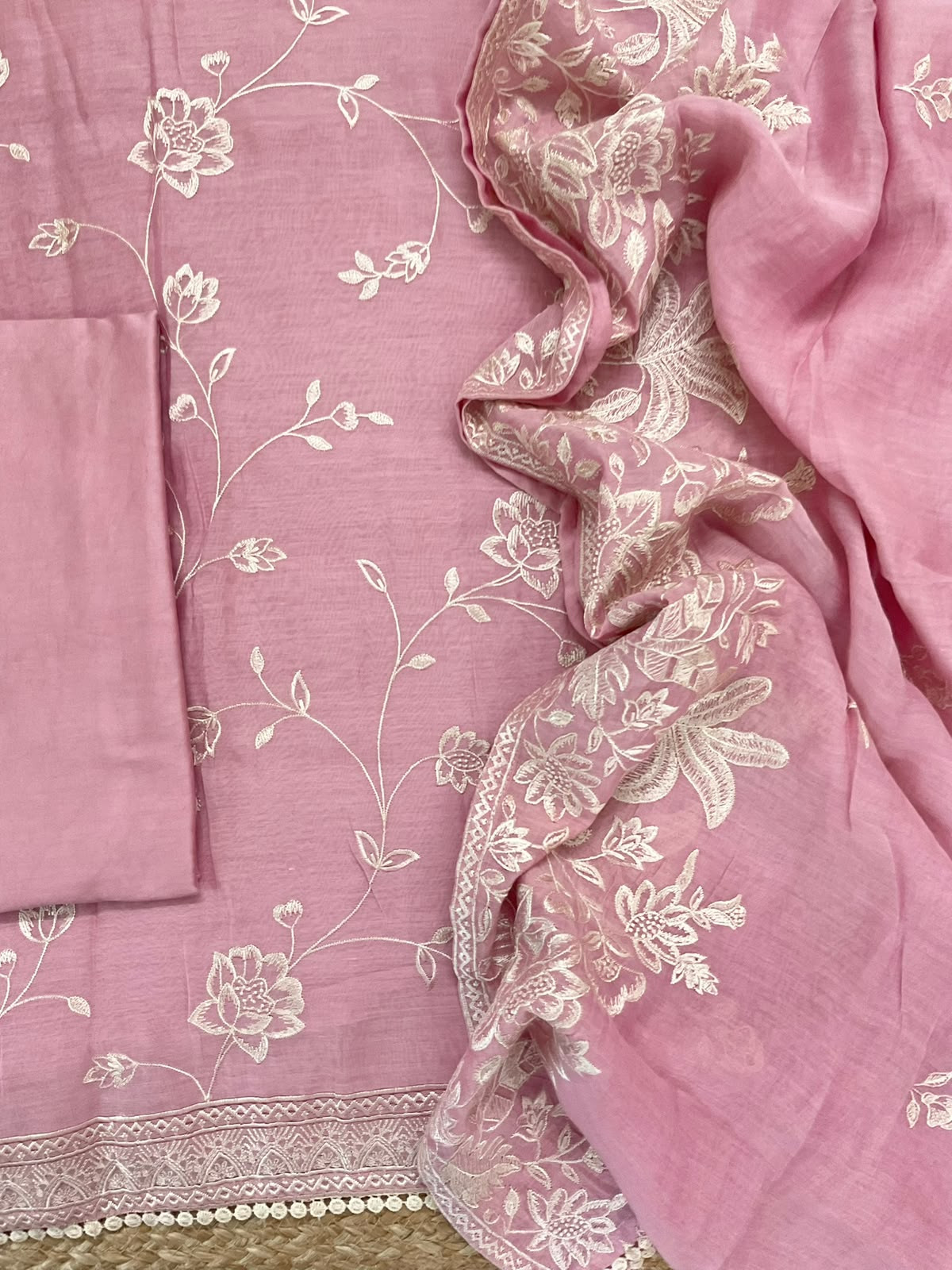 Pure Mul Chanderi Embroidered Suit - Pink