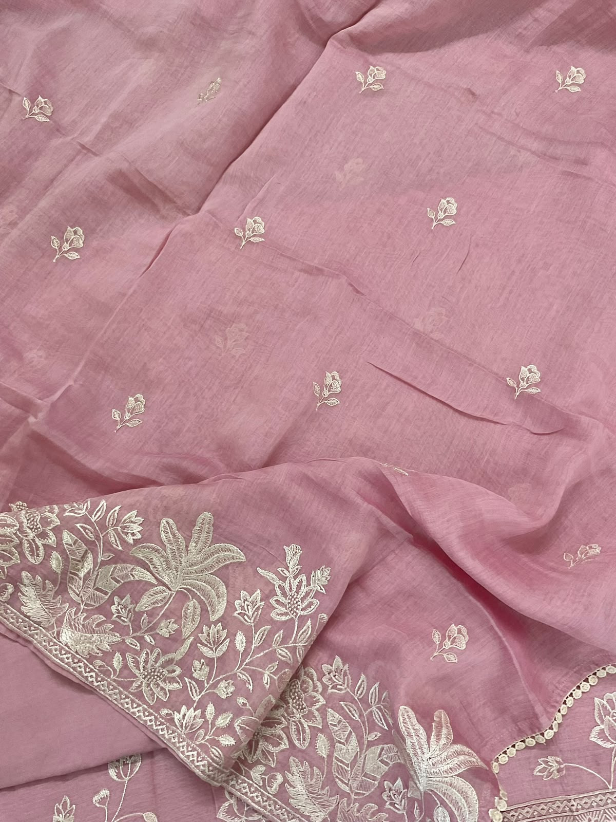 Pure Mul Chanderi Embroidered Suit - Pink