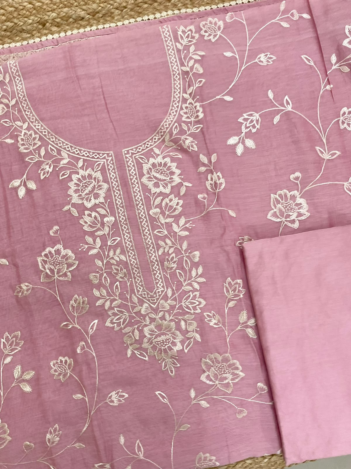 Pure Mul Chanderi Embroidered Suit - Pink