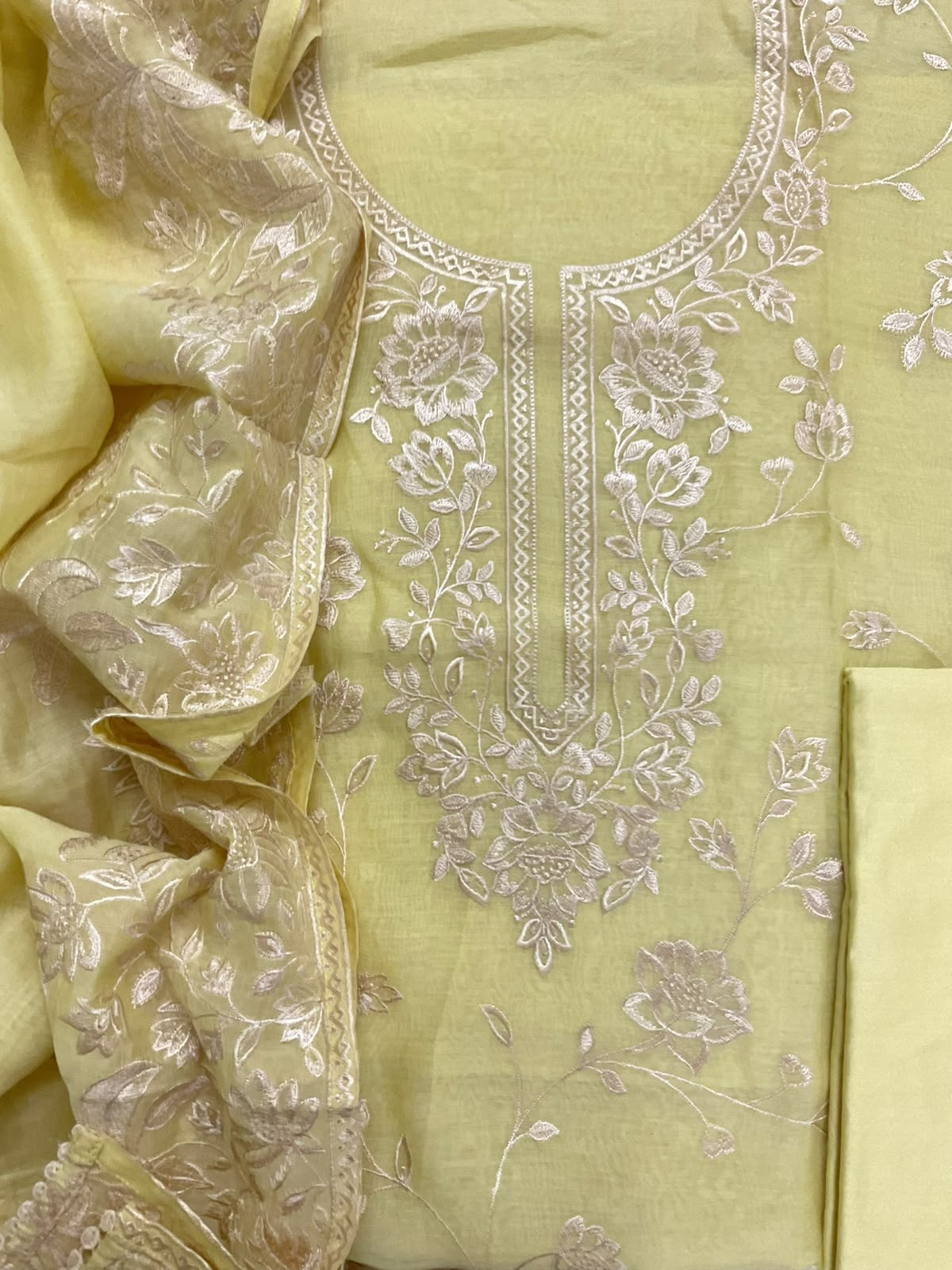 Pure Mul Chanderi Embroidered Suit - Yellow