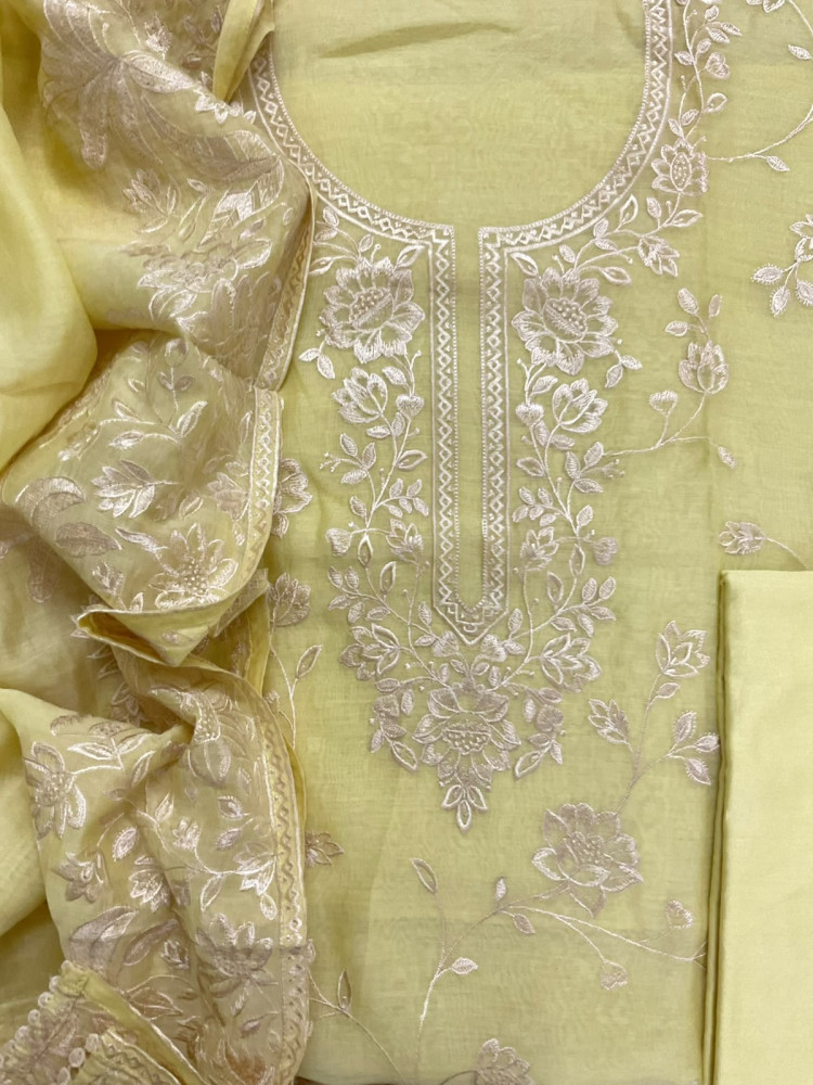 Image of Pure Mul Chanderi Embroidered Suit - Yellow