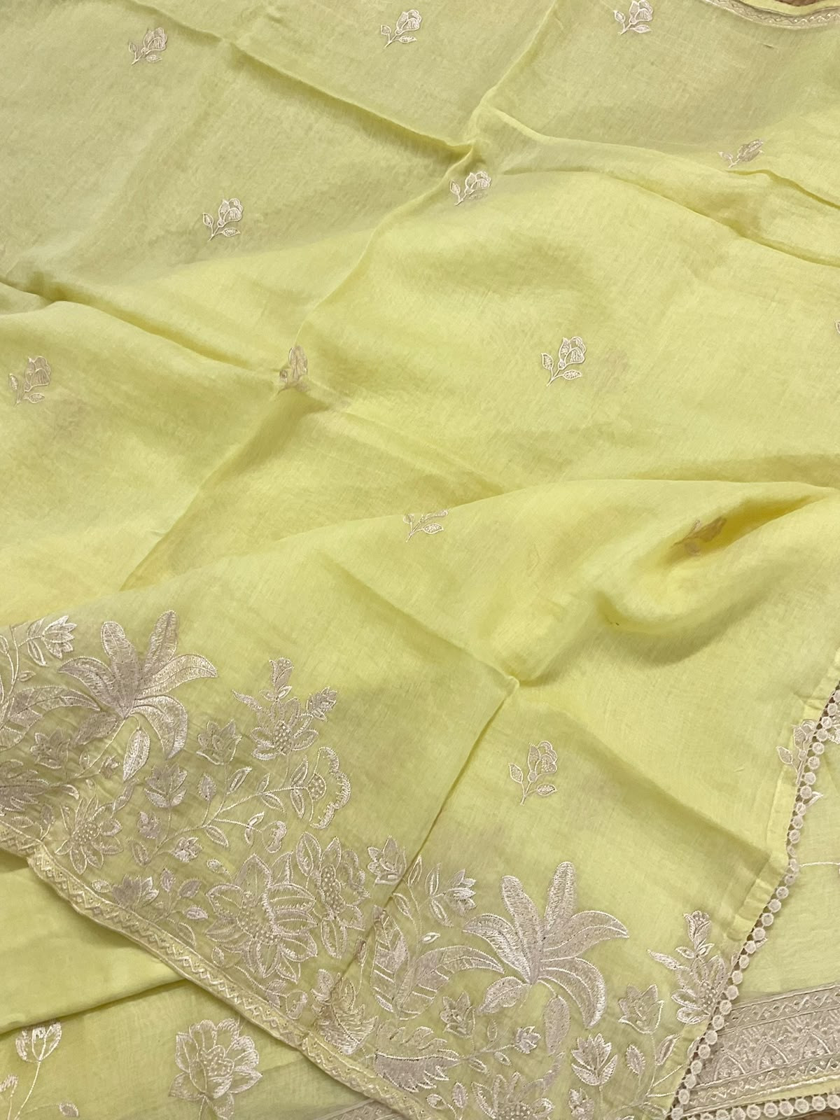 Pure Mul Chanderi Embroidered Suit - Yellow