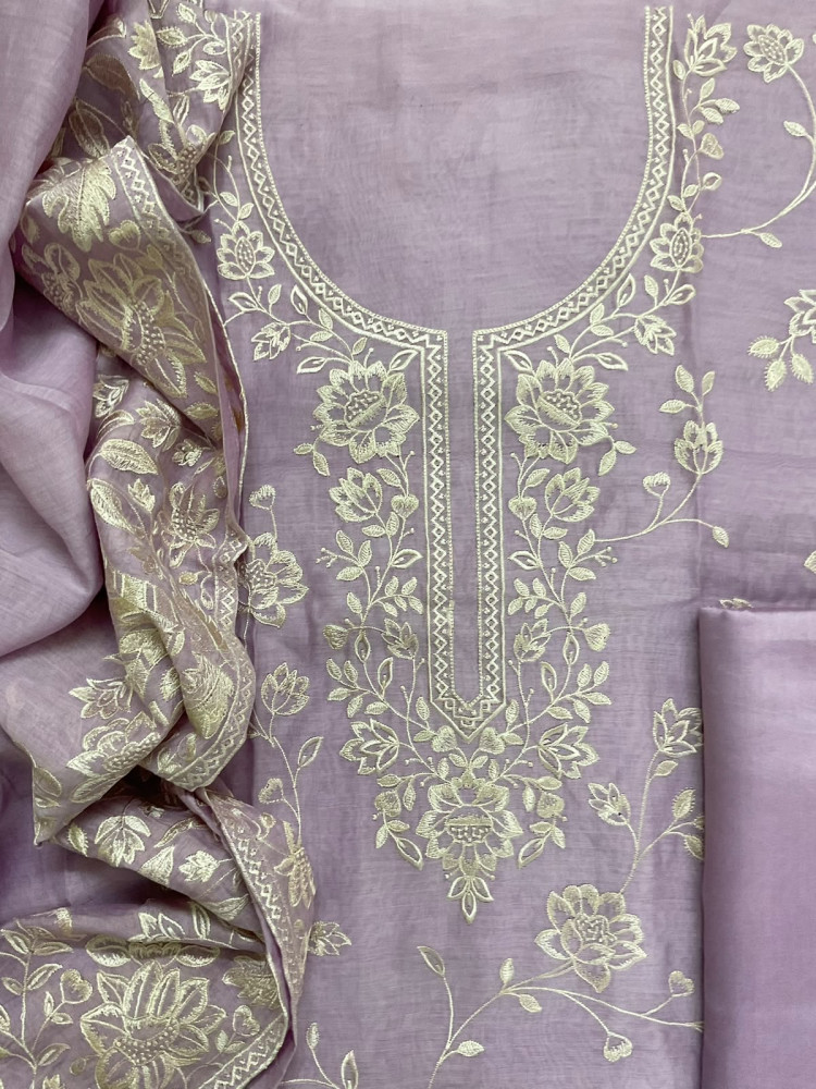 Image of Pure Mul Chanderi Embroidered Suit - Lavender
