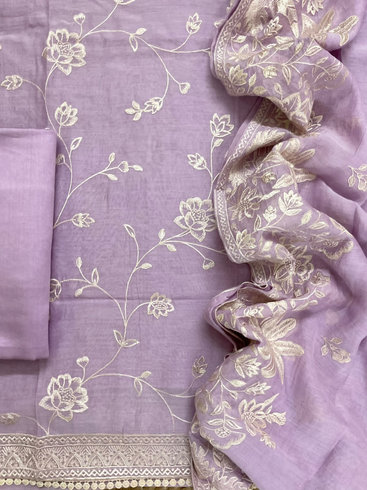 Pure Mul Chanderi Embroidered Suit - Lavender