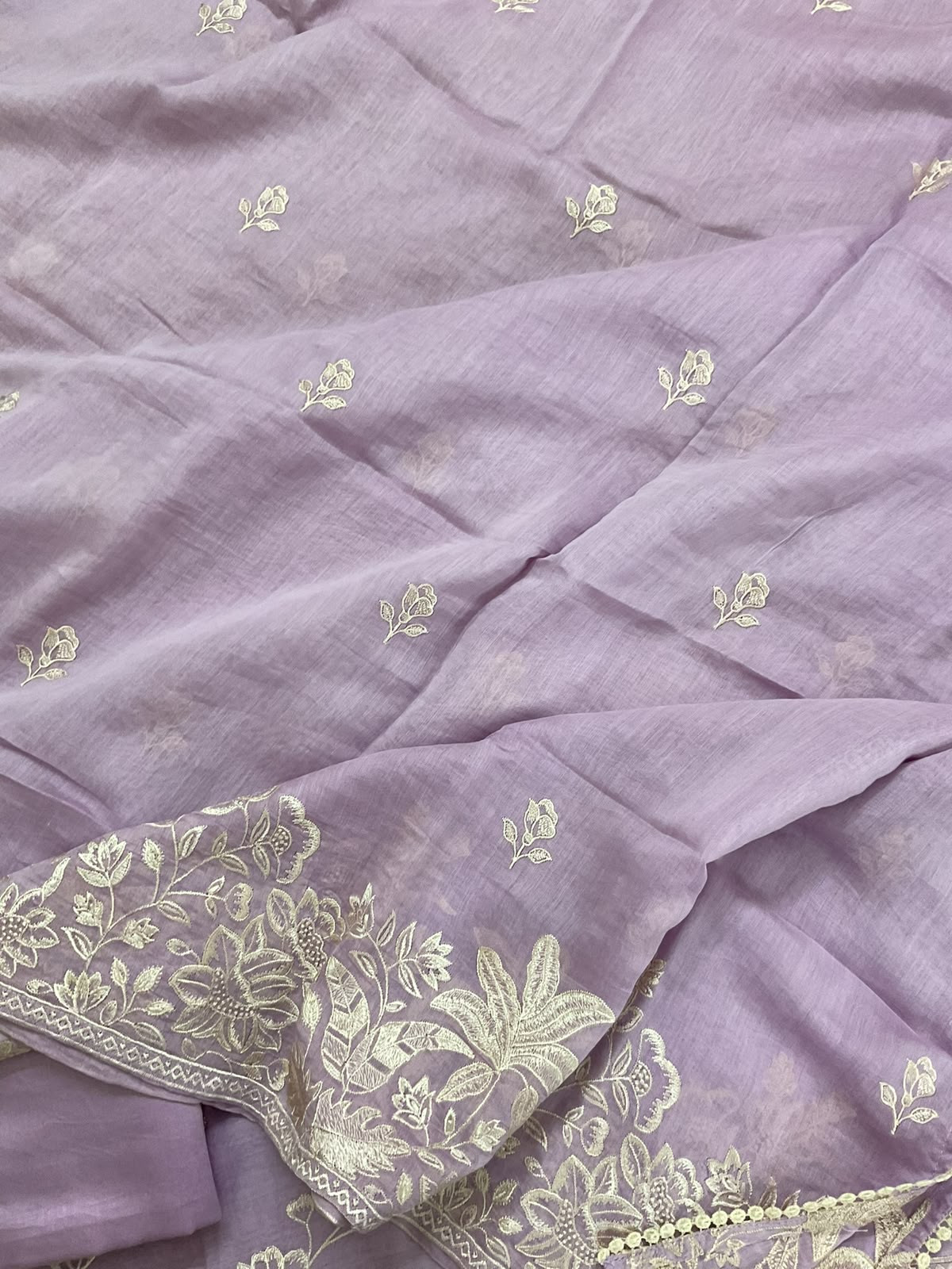 Pure Mul Chanderi Embroidered Suit - Lavender