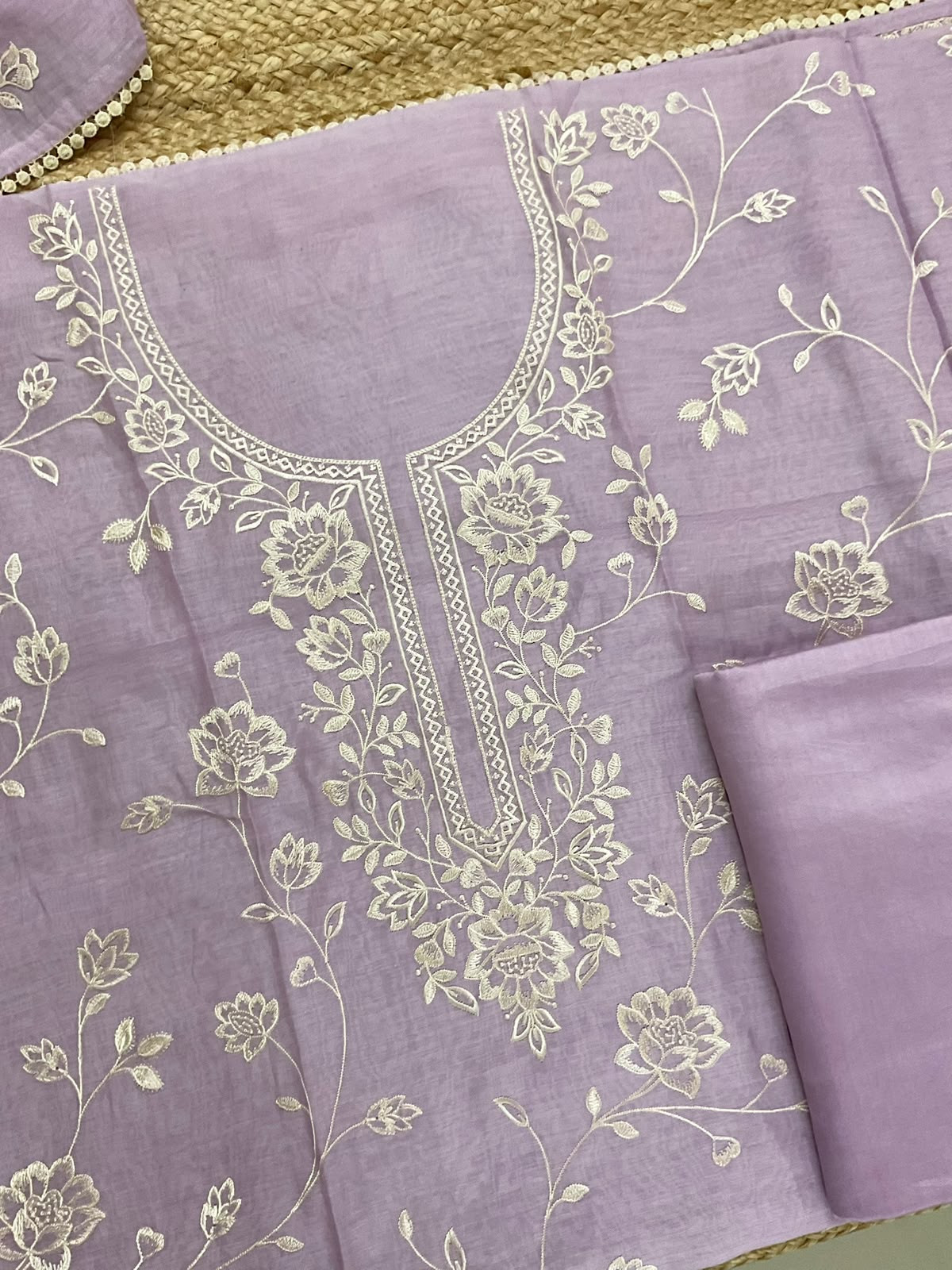 Pure Mul Chanderi Embroidered Suit - Lavender