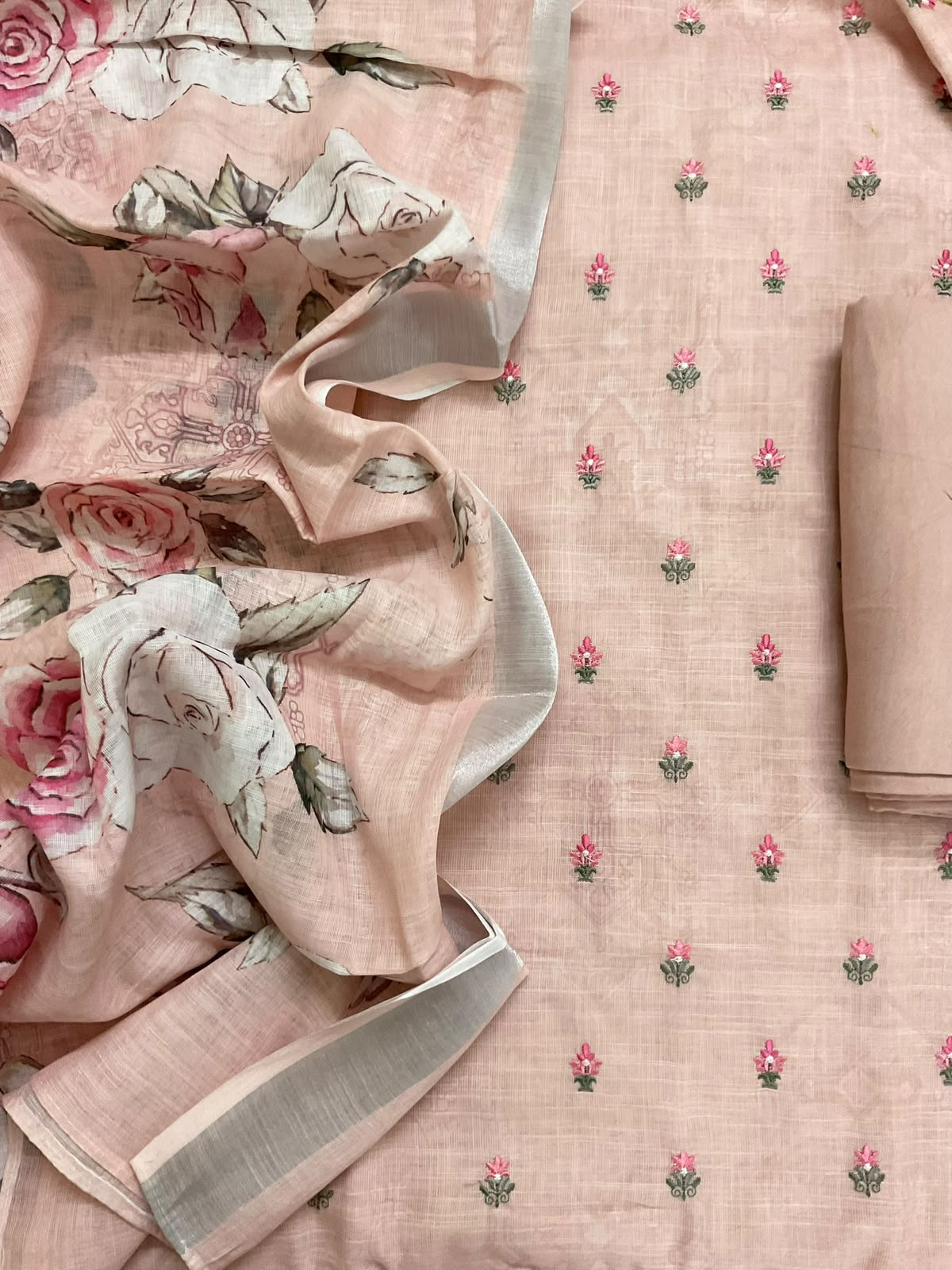 Soft Linen Jute Cotton Printed Embroidered Suit - Peach