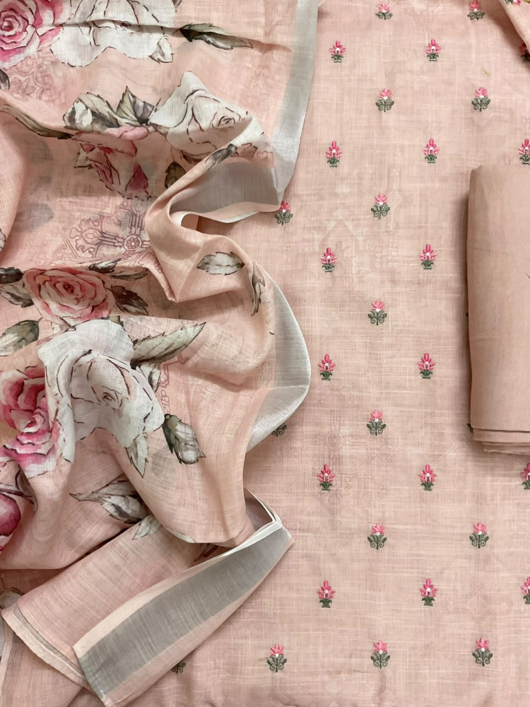 Image of Soft Linen Jute Cotton Printed Embroidered Suit - Peach