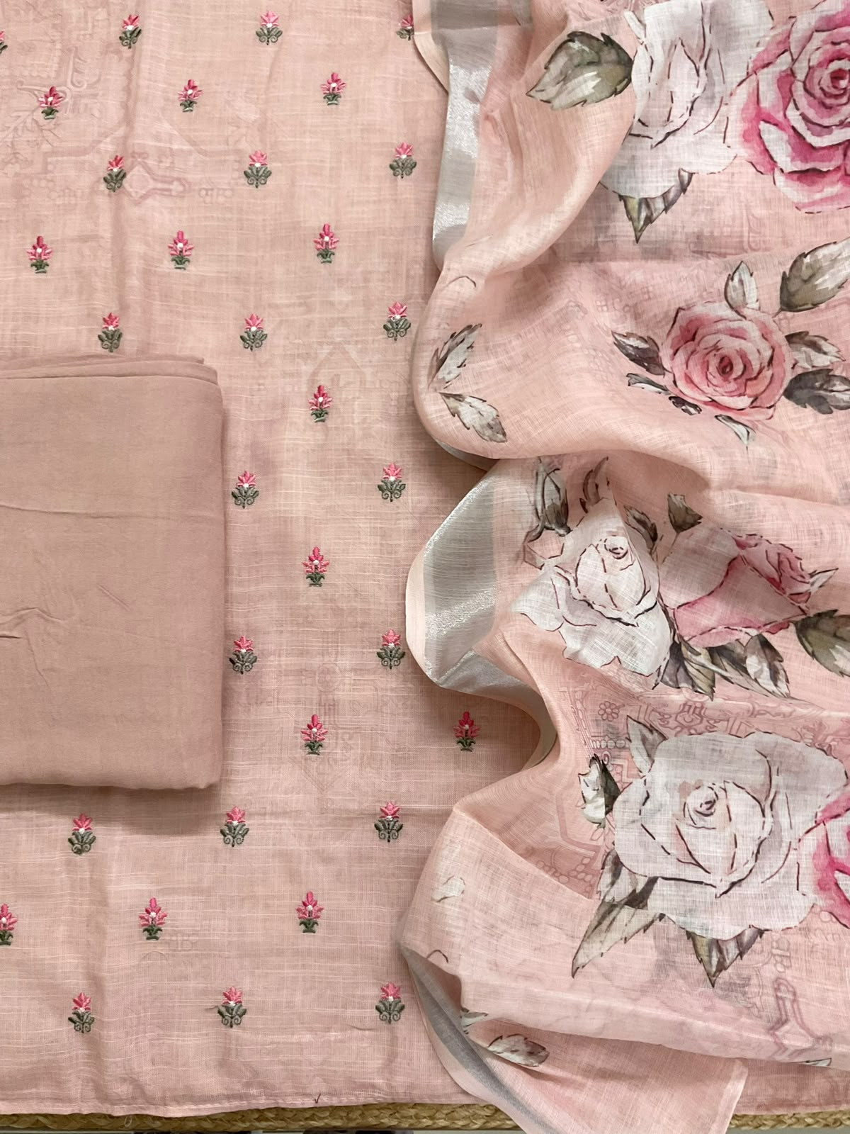 Soft Linen Jute Cotton Printed Embroidered Suit - Peach