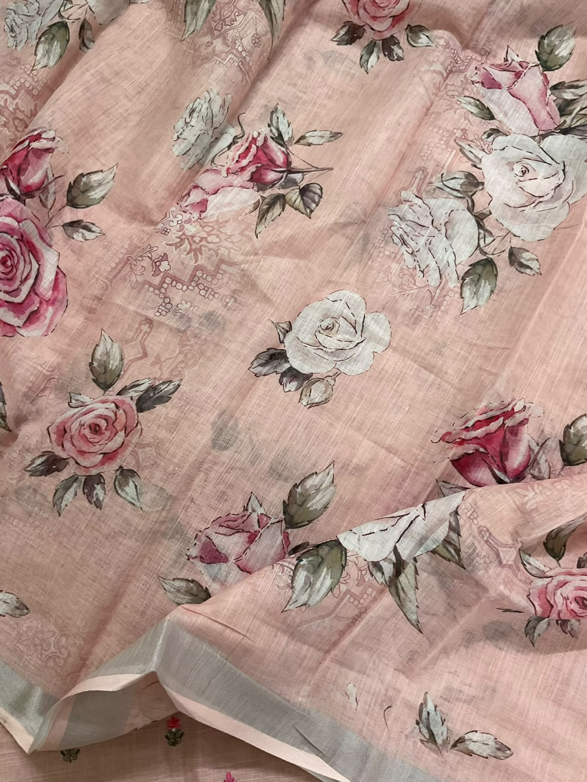 Soft Linen Jute Cotton Printed Embroidered Suit - Peach