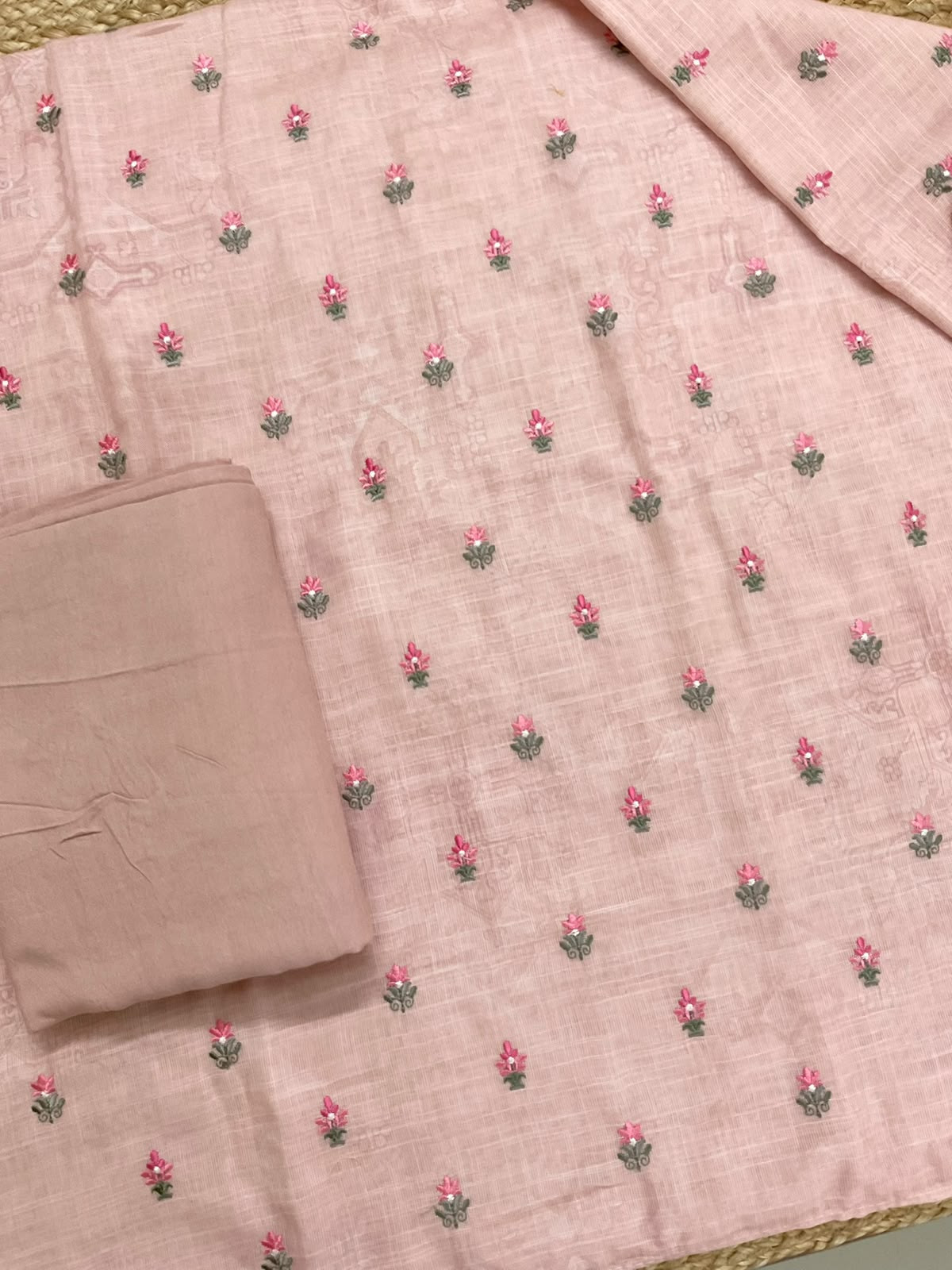 Soft Linen Jute Cotton Printed Embroidered Suit - Peach