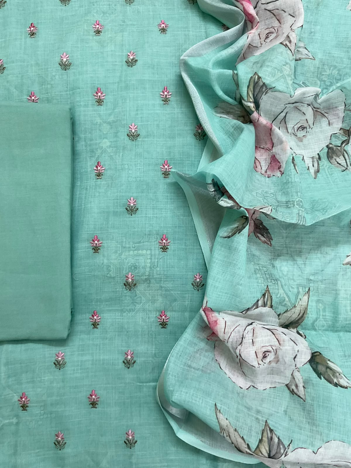 Soft Linen Jute Cotton Printed Embroidered Suit - Blue