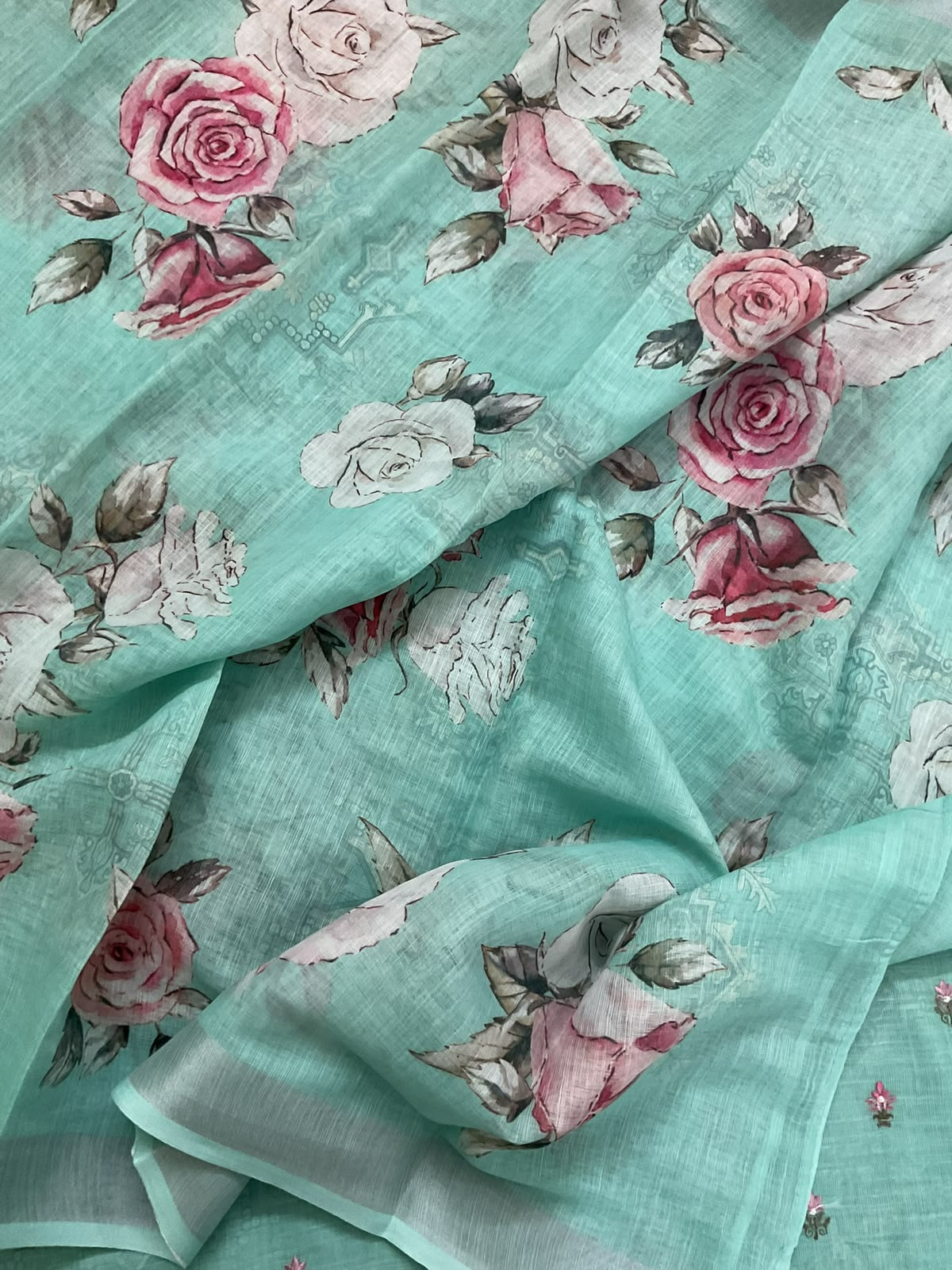 Soft Linen Jute Cotton Printed Embroidered Suit - Blue