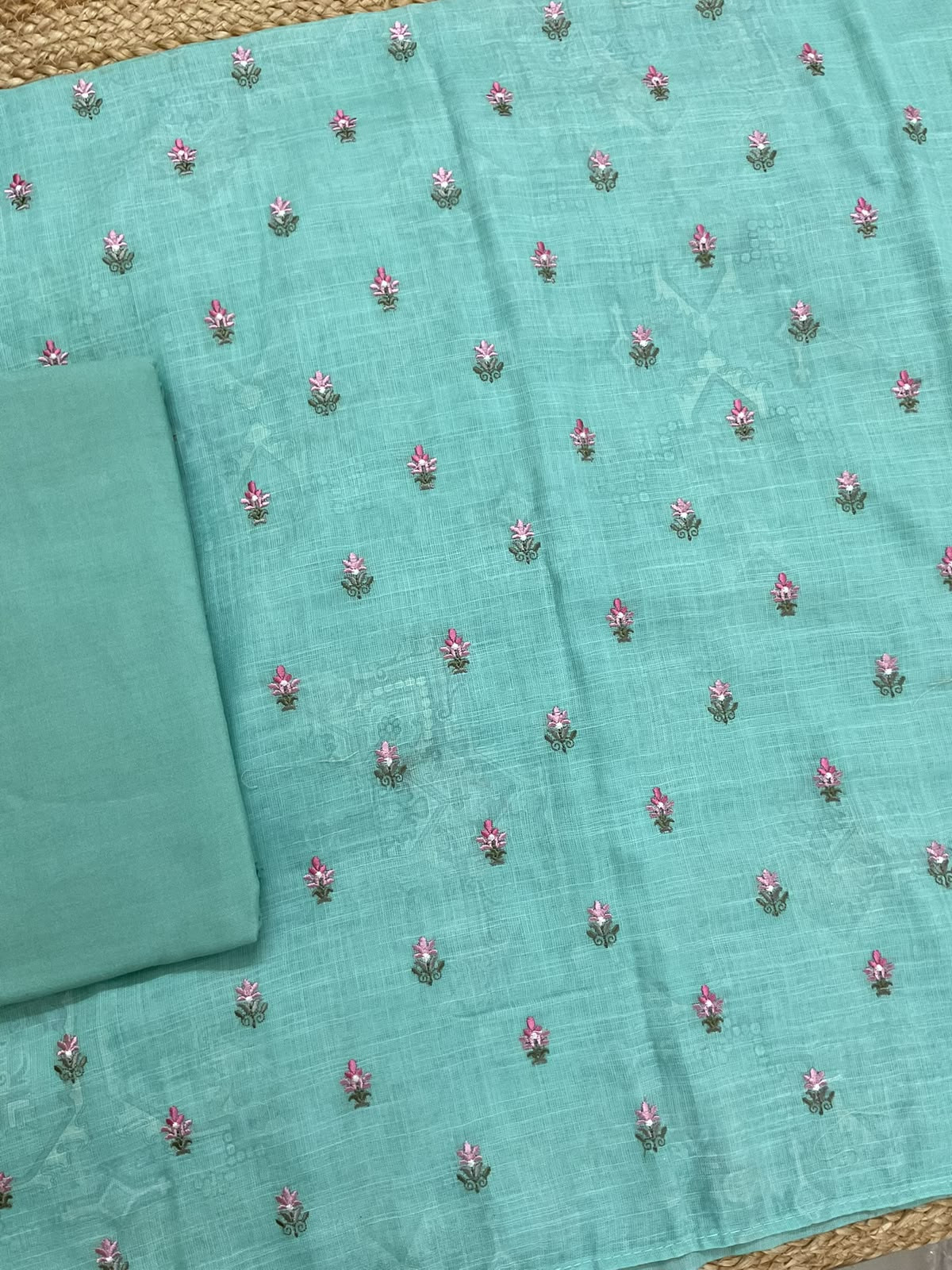 Soft Linen Jute Cotton Printed Embroidered Suit - Blue