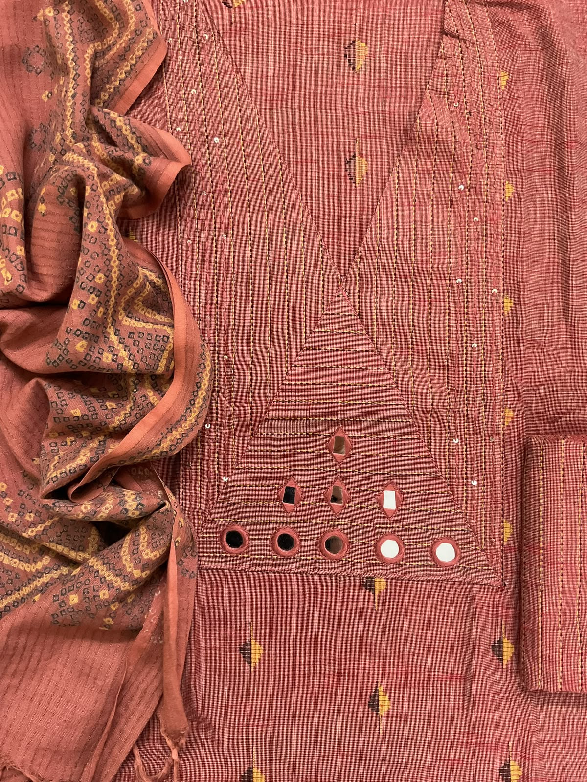 Pure Handloom Cotton Self Weaved Printed Embroidered Suit - Dark Rustic Peach