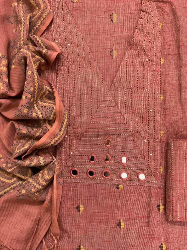 Image of Pure Handloom Cotton Self Weaved Printed Embroidered Suit - Dark Rustic Peach