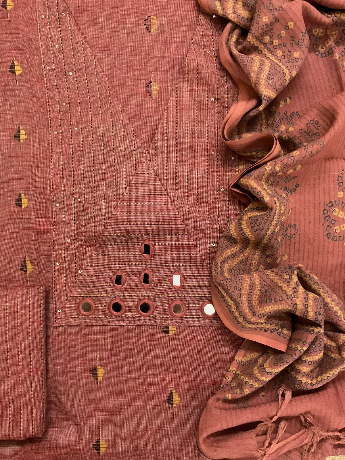 Pure Handloom Cotton Self Weaved Printed Embroidered Suit - Dark Rustic Peach