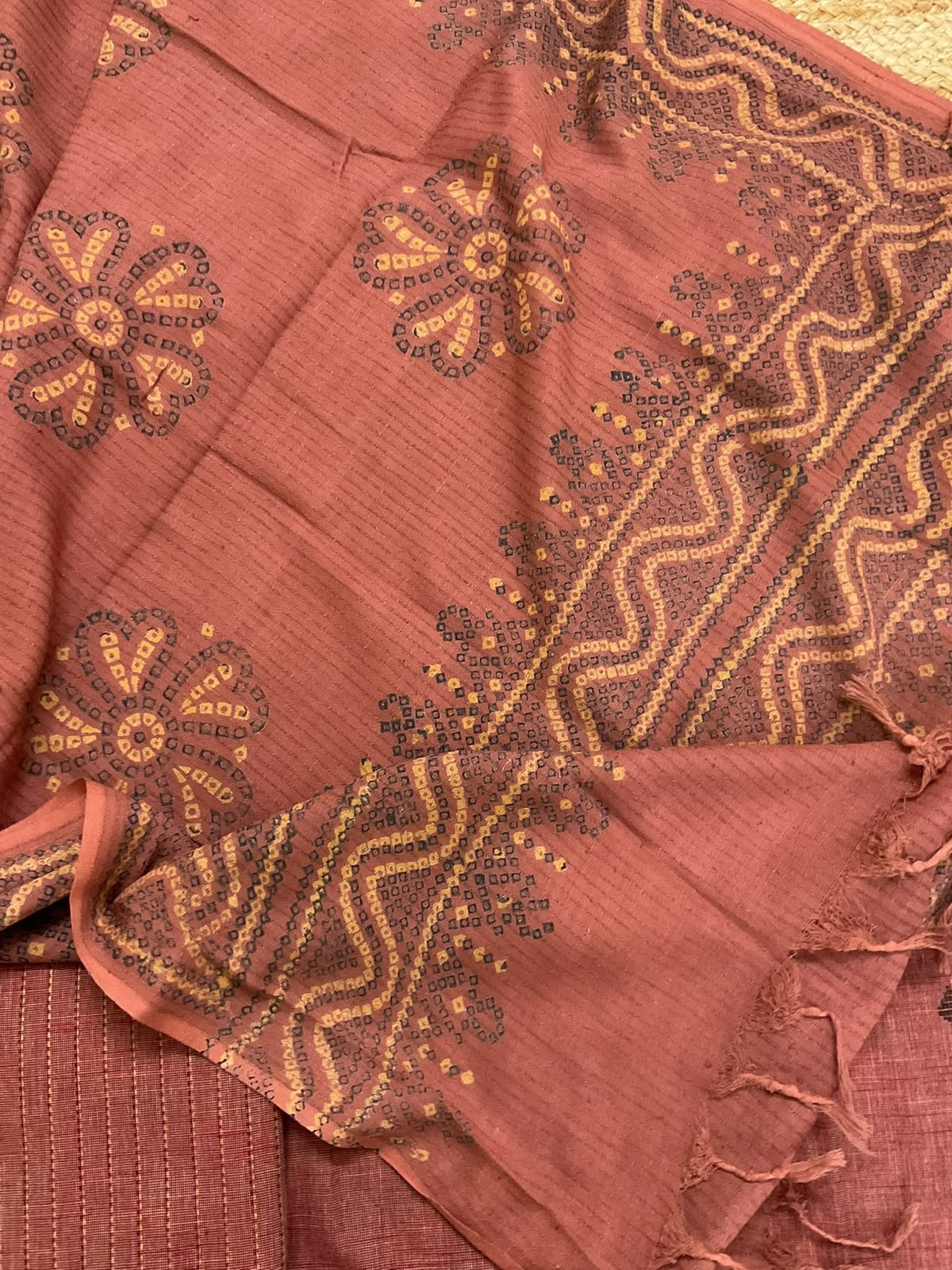 Pure Handloom Cotton Self Weaved Printed Embroidered Suit - Dark Rustic Peach