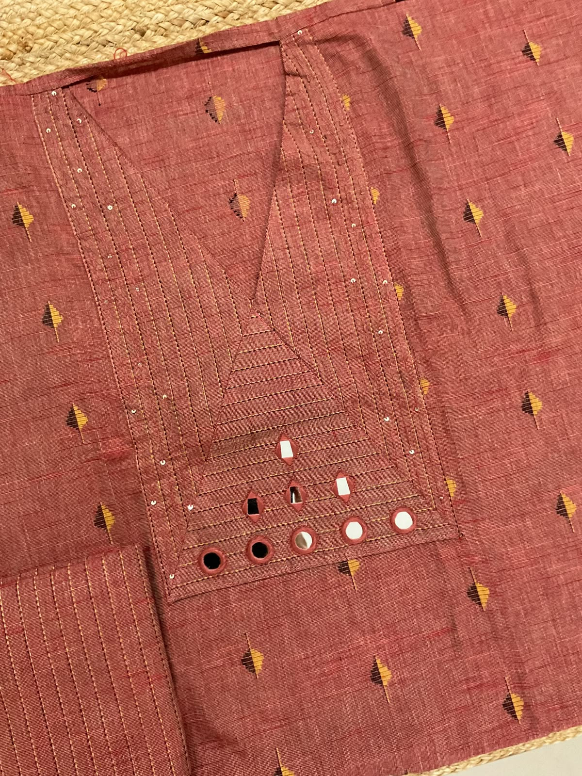 Pure Handloom Cotton Self Weaved Printed Embroidered Suit - Dark Rustic Peach
