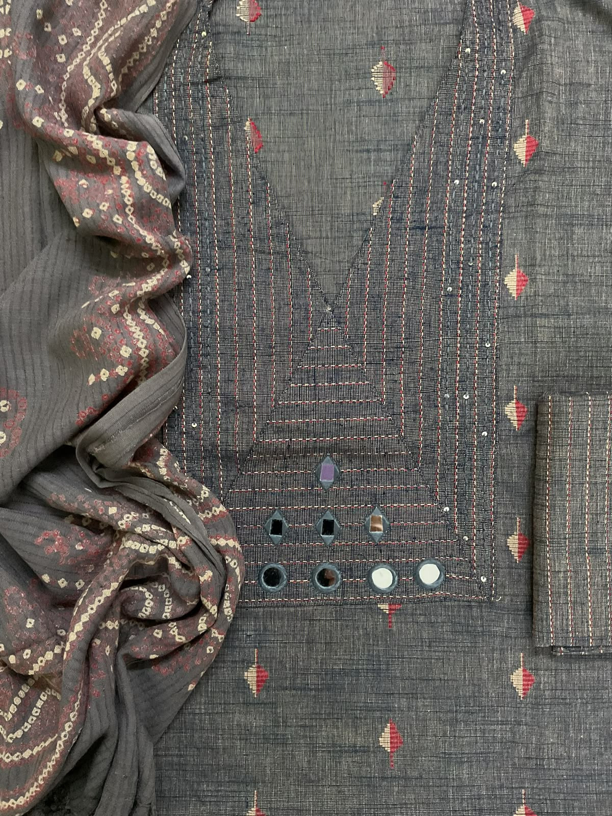 Pure Handloom Cotton Self Weaved Printed Embroidered Suit - Dark Grey