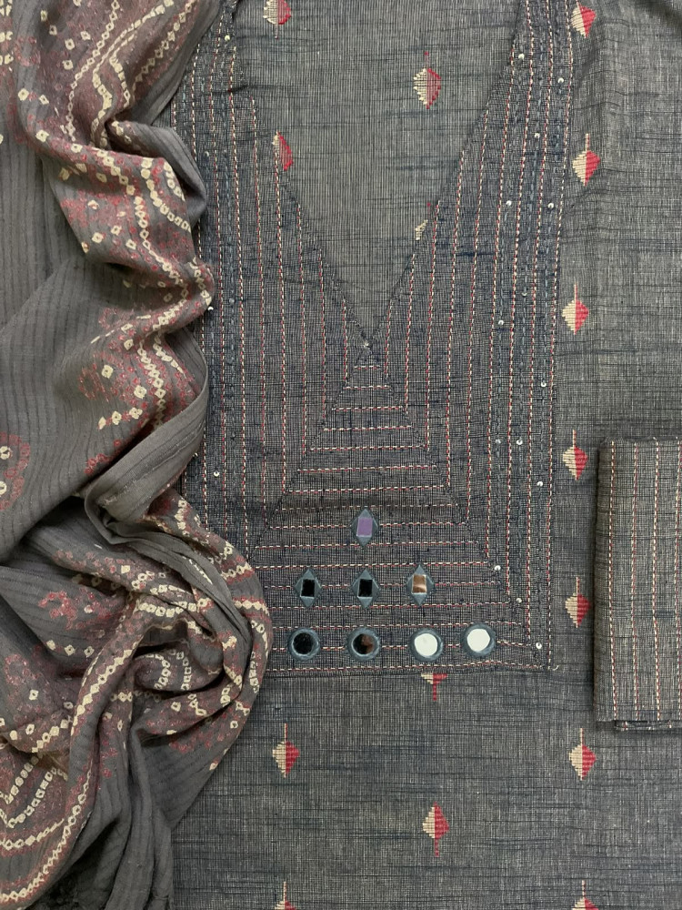 Image of Pure Handloom Cotton Self Weaved Printed Embroidered Suit - Dark Grey