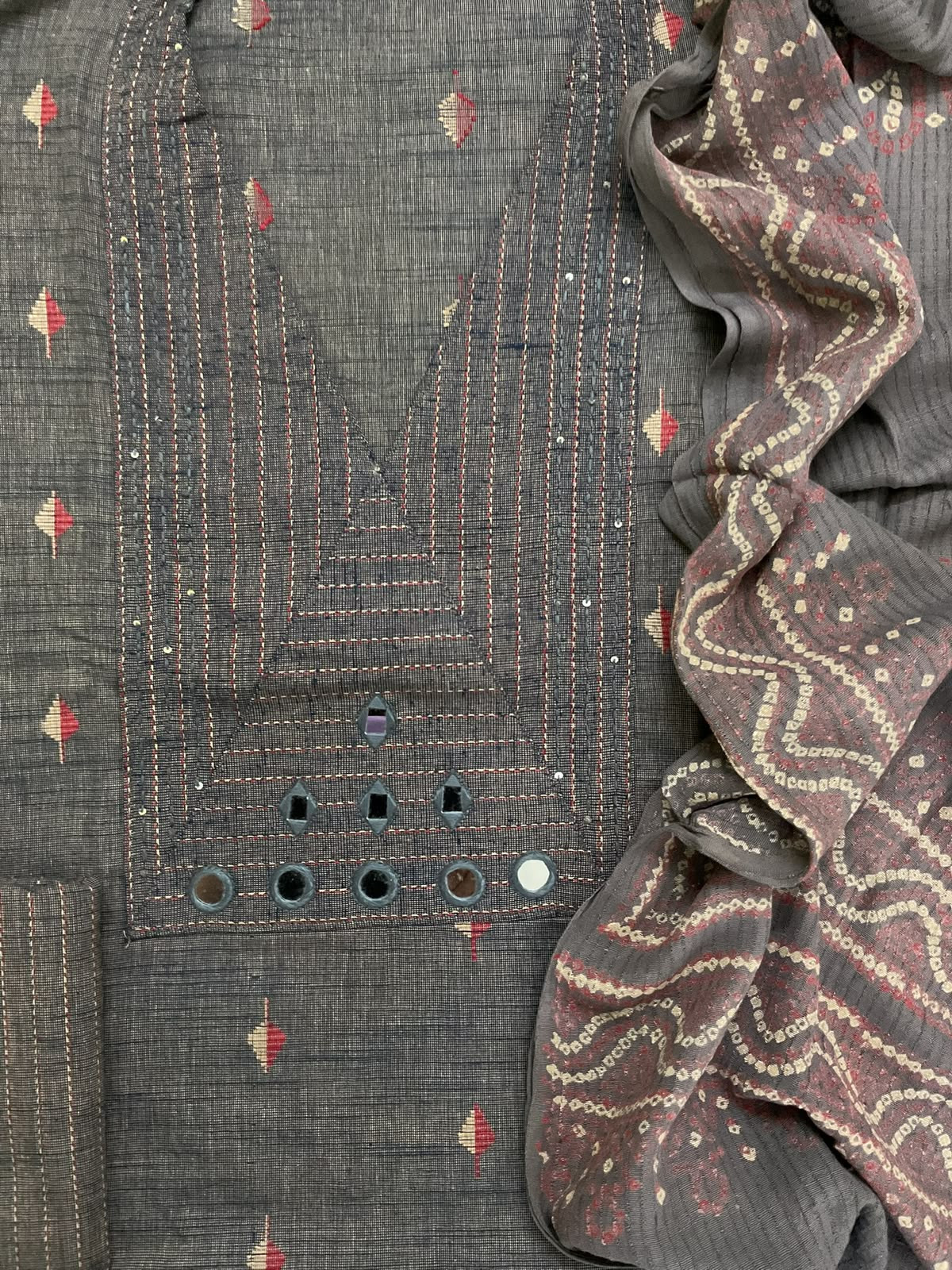 Pure Handloom Cotton Self Weaved Printed Embroidered Suit - Dark Grey