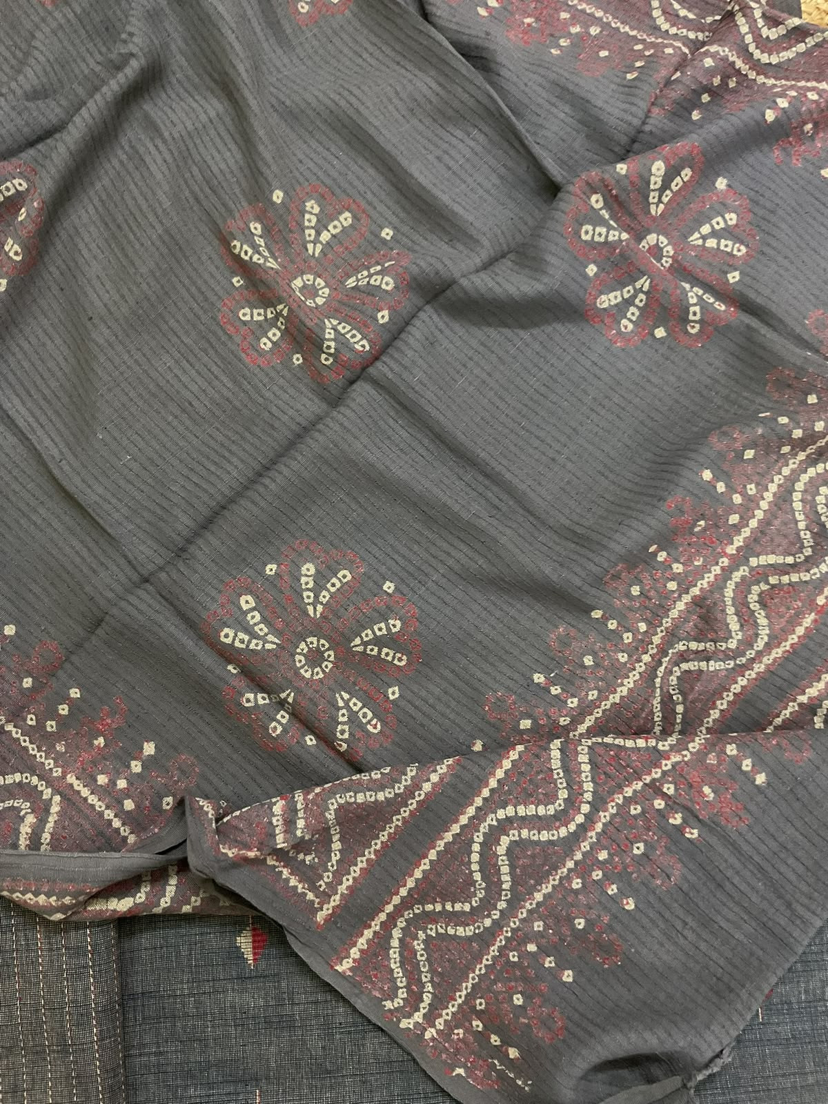 Pure Handloom Cotton Self Weaved Printed Embroidered Suit - Dark Grey