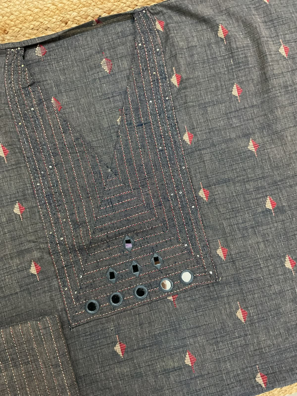 Pure Handloom Cotton Self Weaved Printed Embroidered Suit - Dark Grey