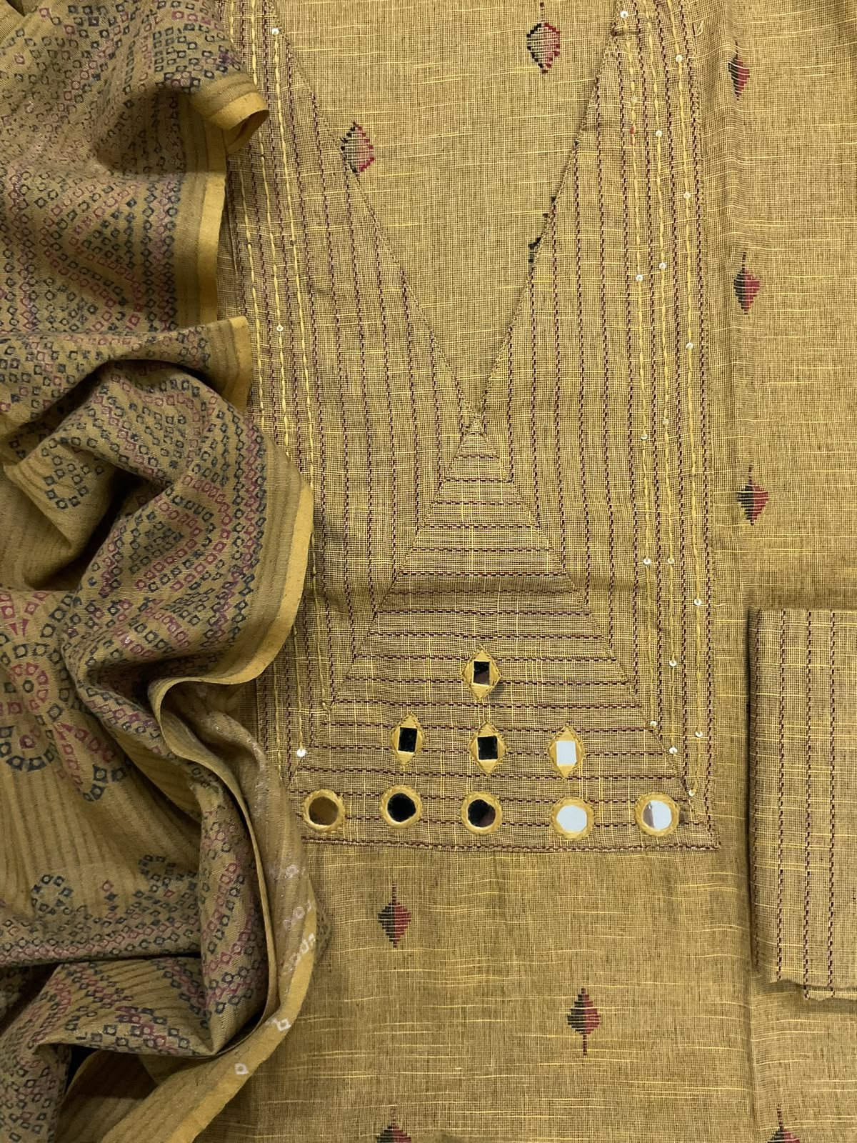 Pure Handloom Cotton Self Weaved Printed Embroidered Suit - Yellow