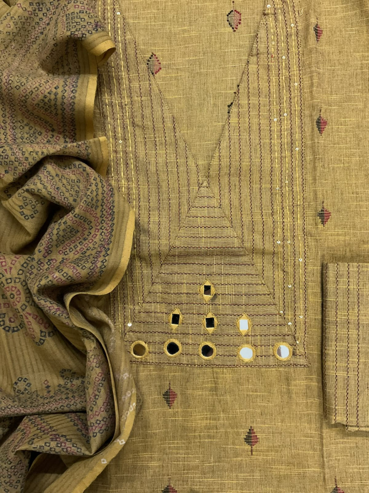 Image of Pure Handloom Cotton Self Weaved Printed Embroidered Suit - Yellow