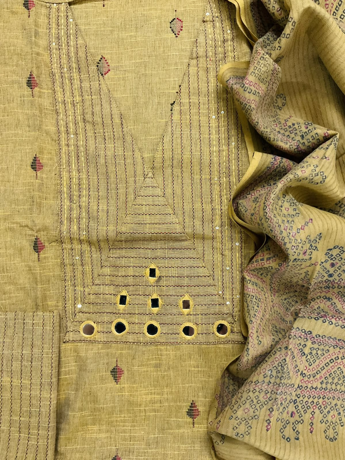 Pure Handloom Cotton Self Weaved Printed Embroidered Suit - Yellow