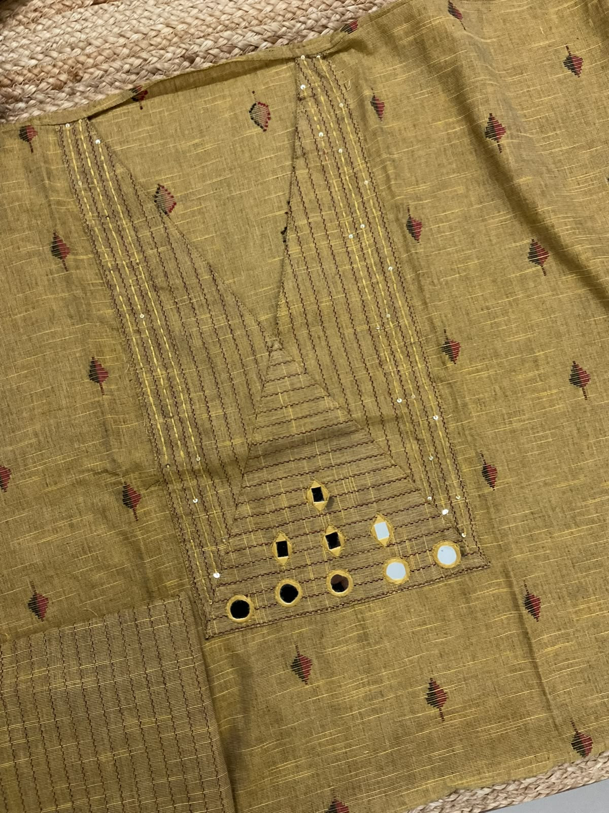 Pure Handloom Cotton Self Weaved Printed Embroidered Suit - Yellow