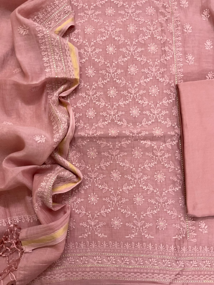 Image of Pure Mul Chanderi Embroidered Suit - Onion Pink
