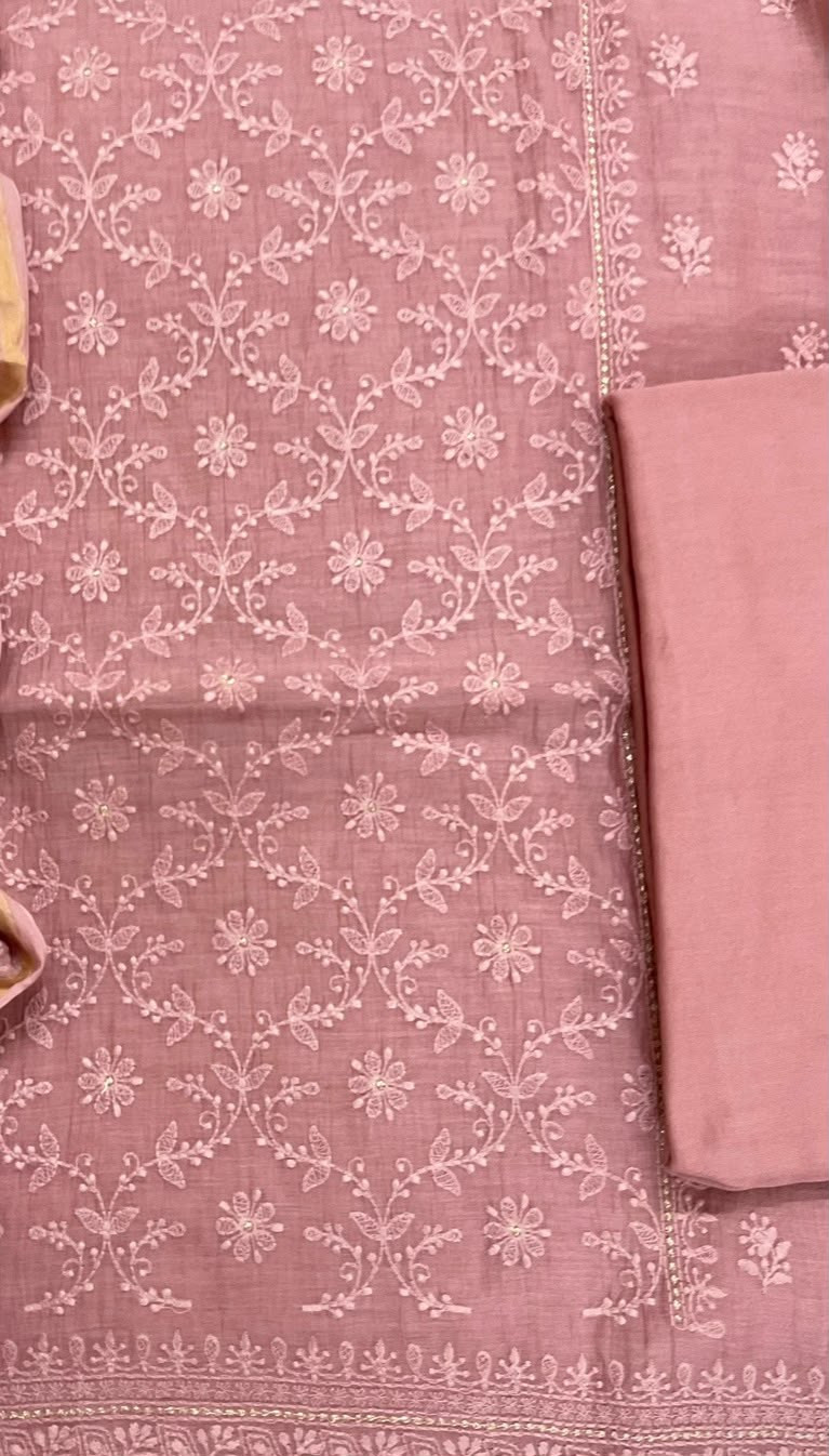 Pure Mul Chanderi Embroidered Suit - Onion Pink
