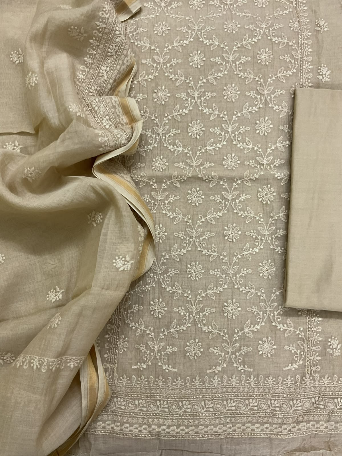 Pure Mul Chanderi Embroidered Suit - Beige