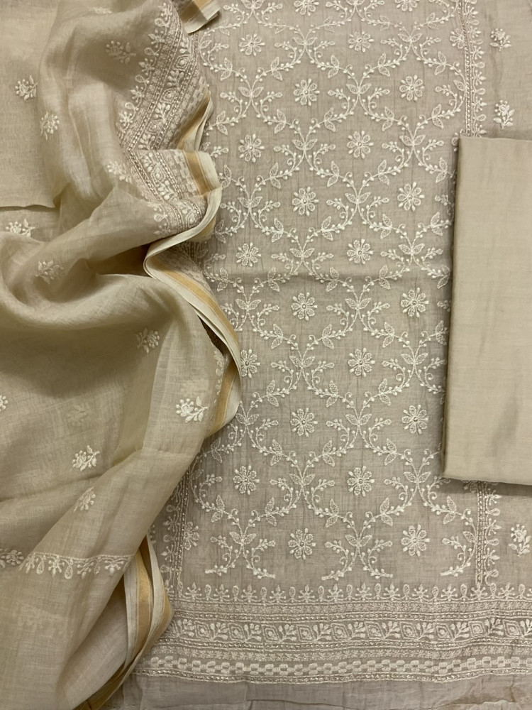 Image of Pure Mul Chanderi Embroidered Suit - Beige