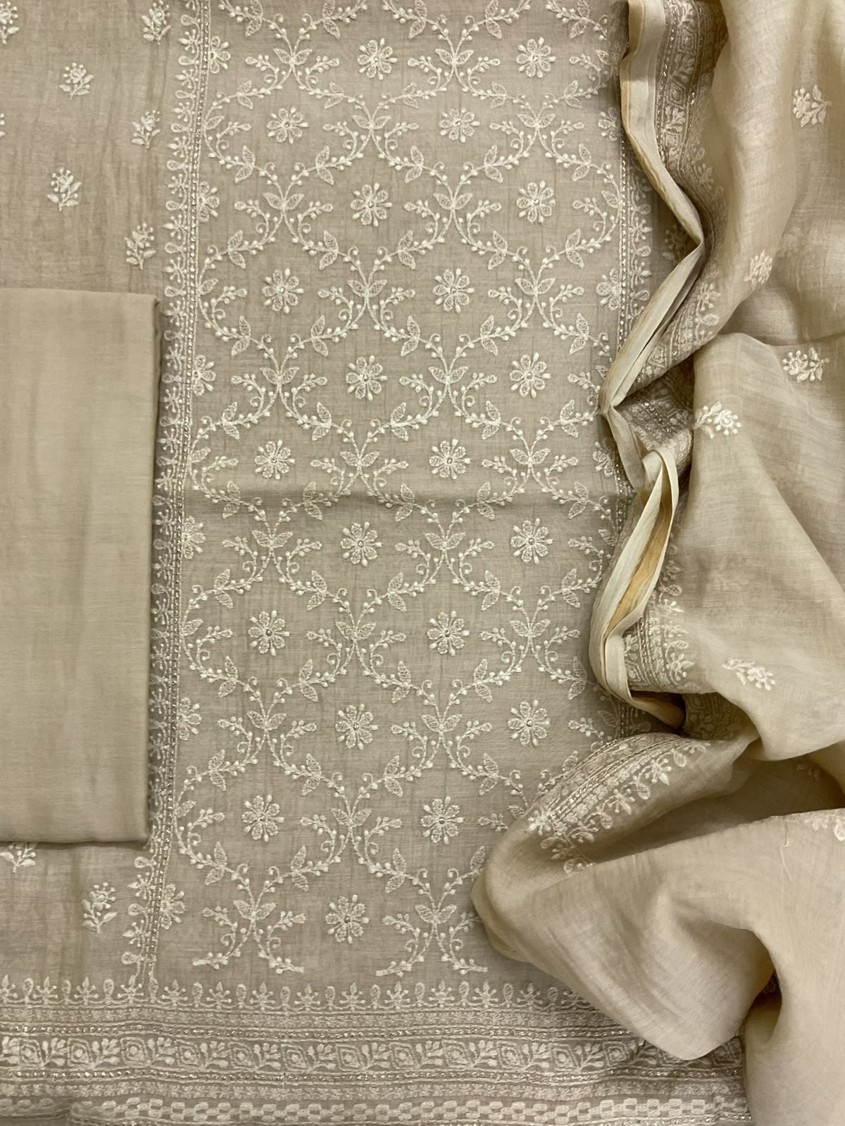 Pure Mul Chanderi Embroidered Suit - Beige
