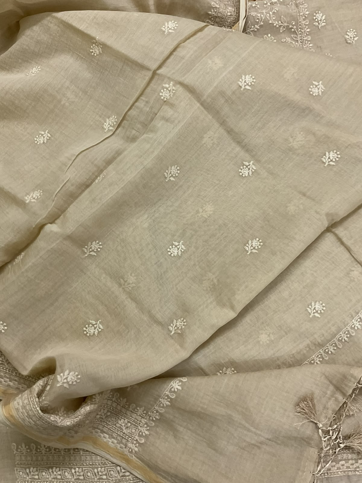 Pure Mul Chanderi Embroidered Suit - Beige