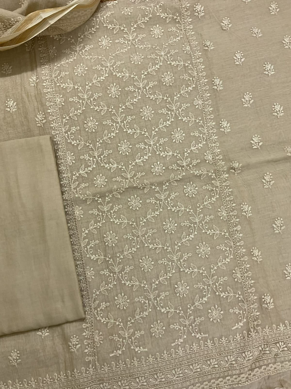 Pure Mul Chanderi Embroidered Suit - Beige