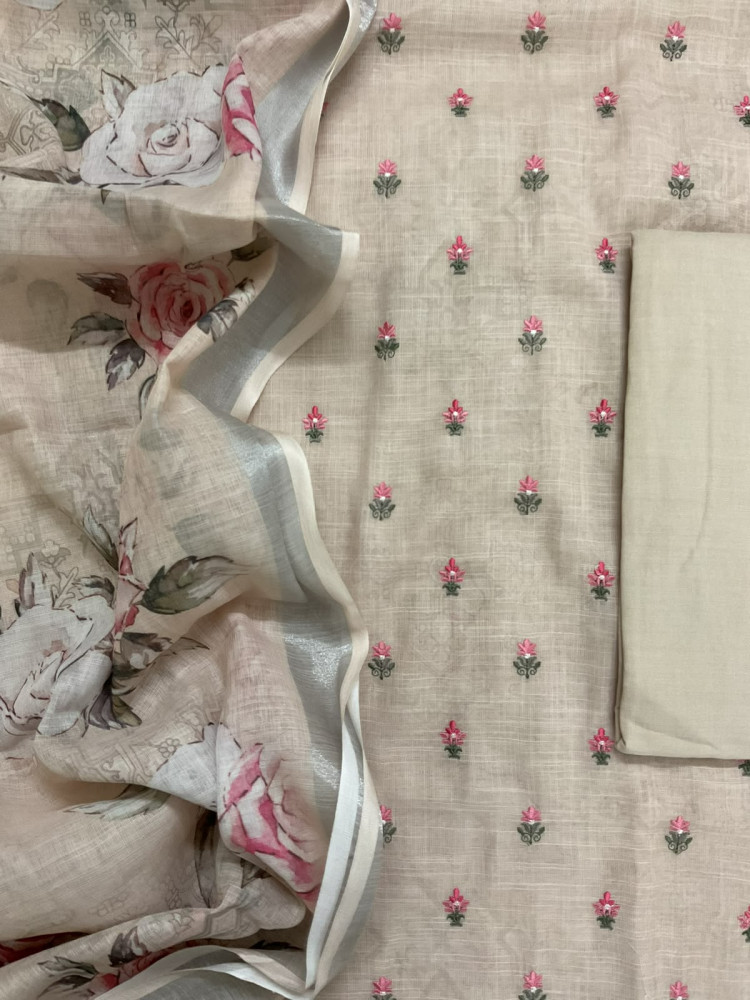 Image of Soft Linen Jute Cotton Printed Embroidered Suit - Beige