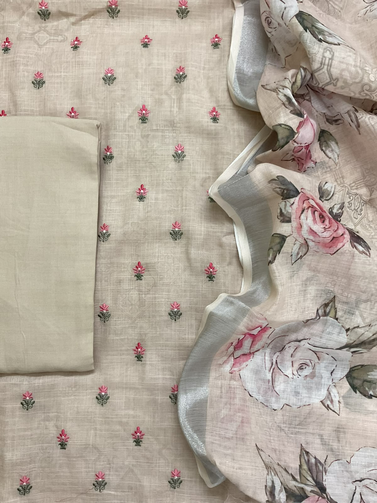 Soft Linen Jute Cotton Printed Embroidered Suit - Beige