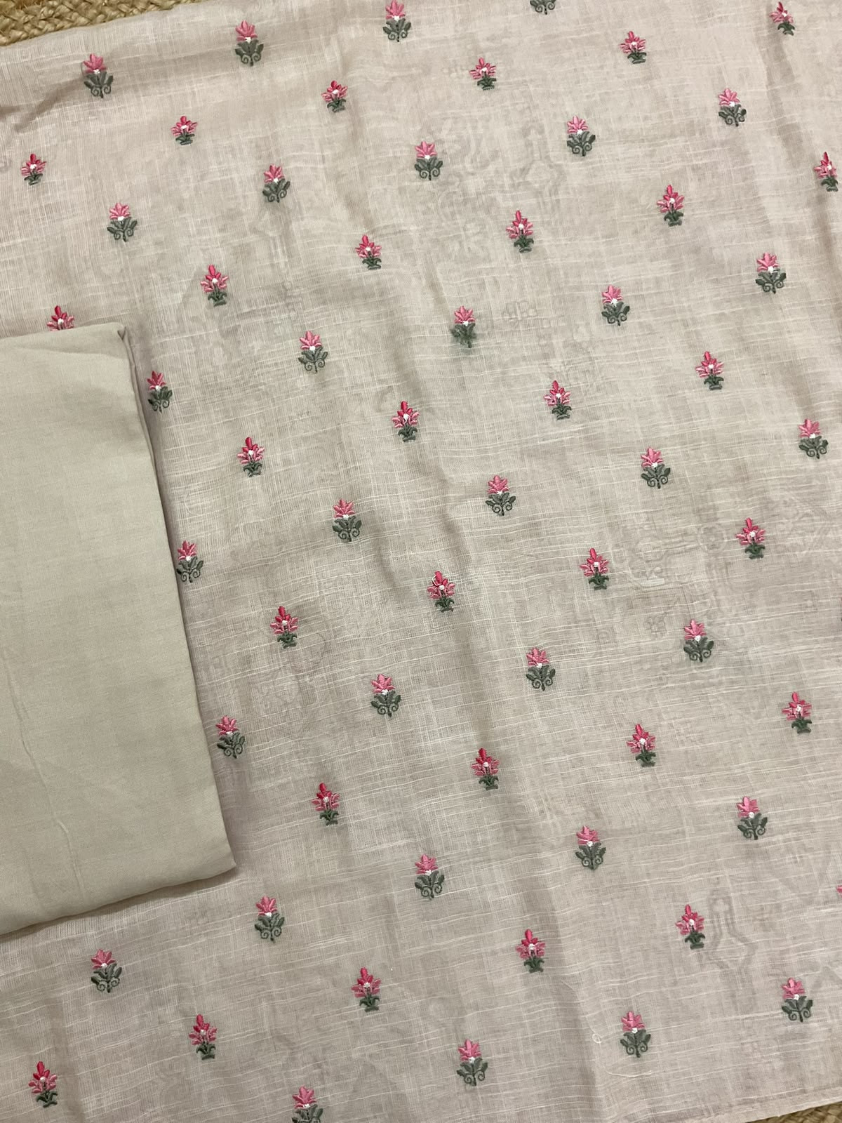 Soft Linen Jute Cotton Printed Embroidered Suit - Beige