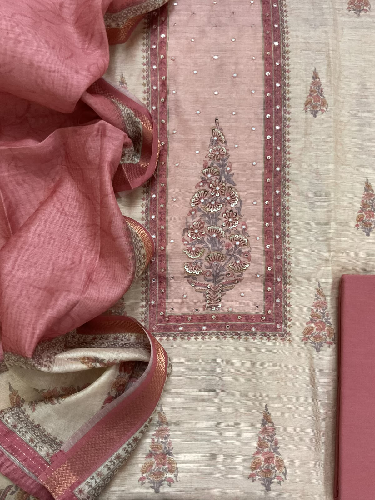 Soft Raw Silk Printed Embroidered Suit - Cream
