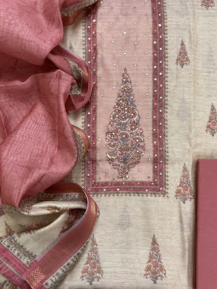 Image of Soft Raw Silk Printed Embroidered Suit - Cream