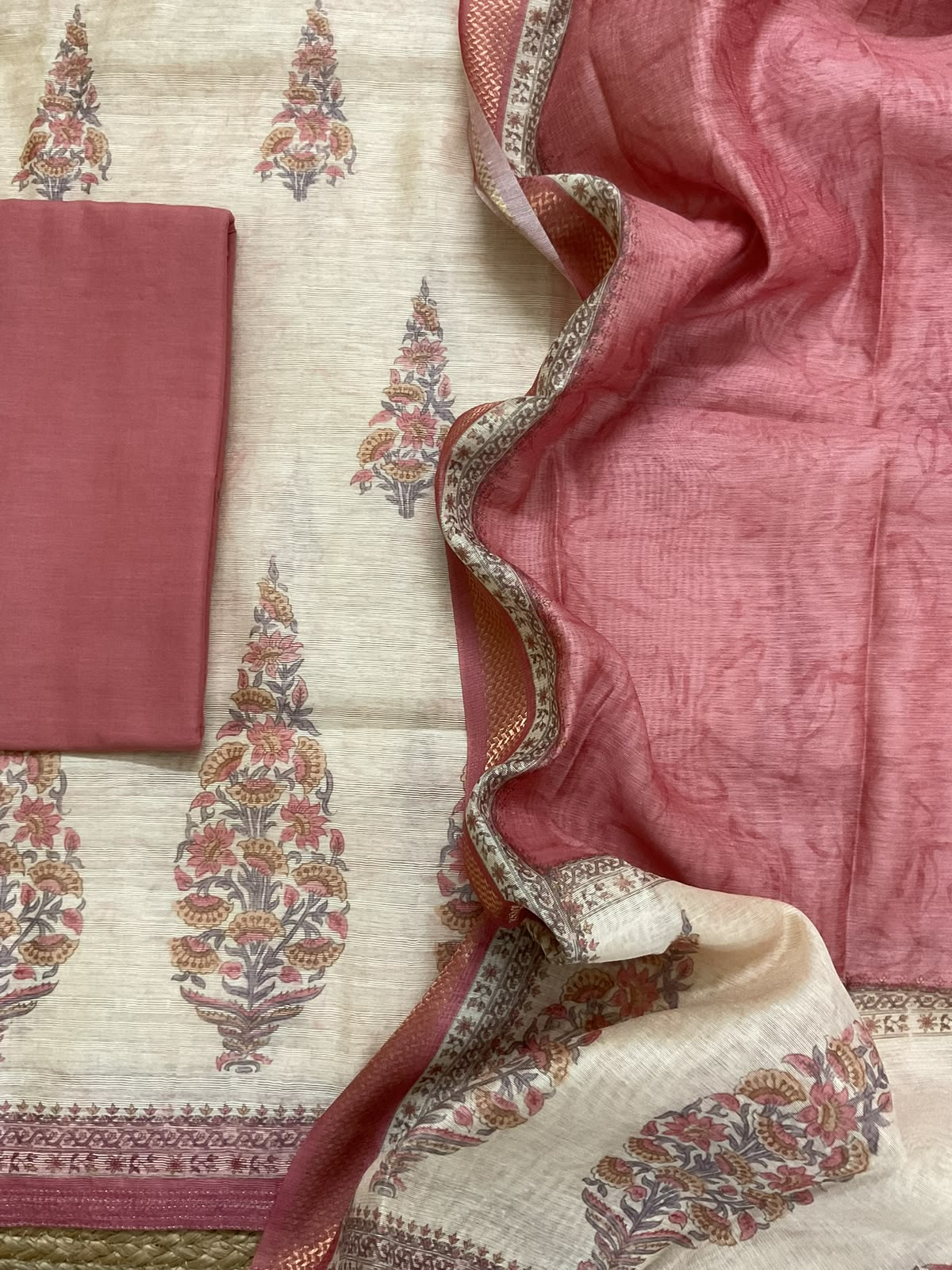 Soft Raw Silk Printed Embroidered Suit - Cream