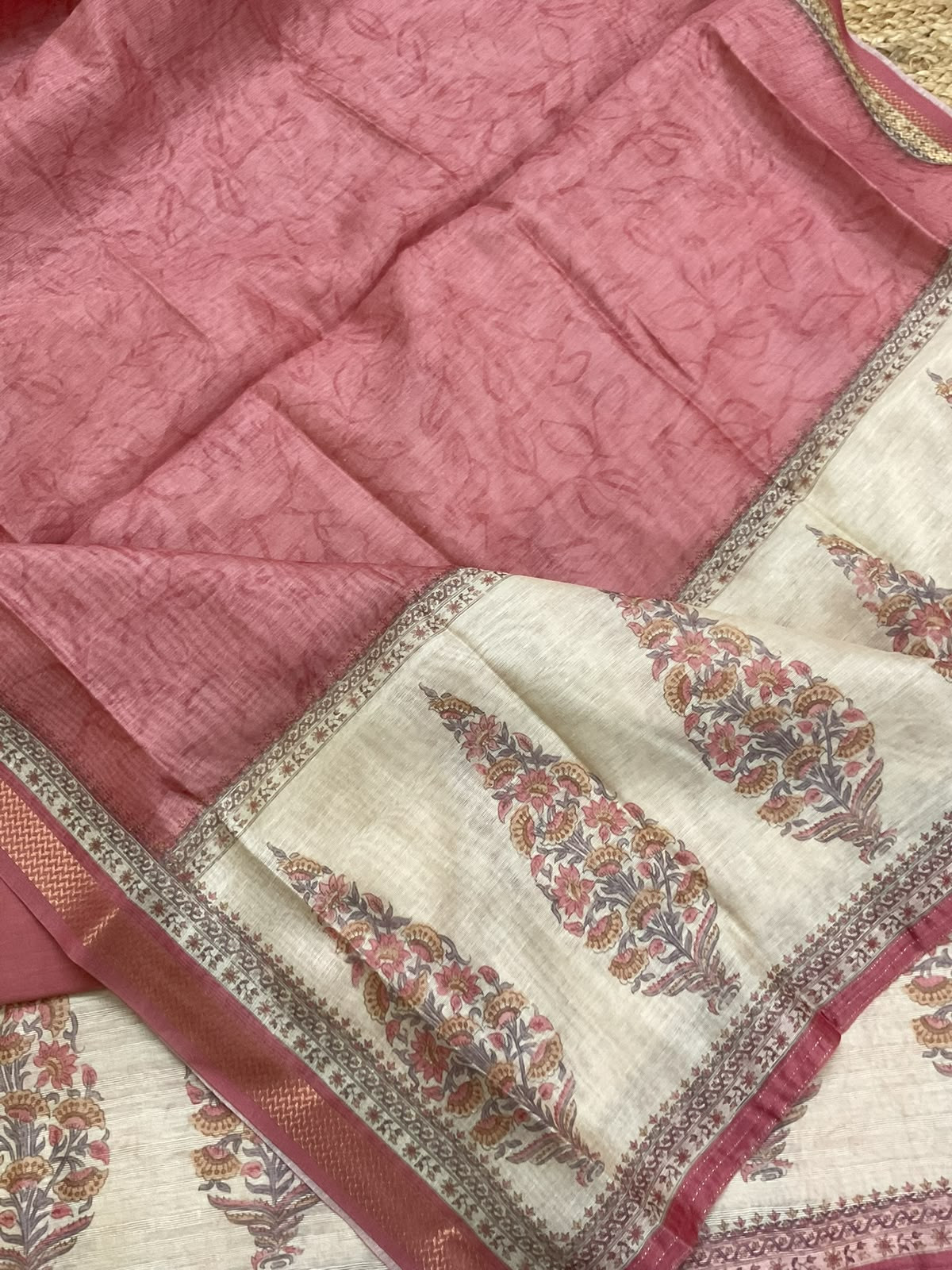 Soft Raw Silk Printed Embroidered Suit - Cream