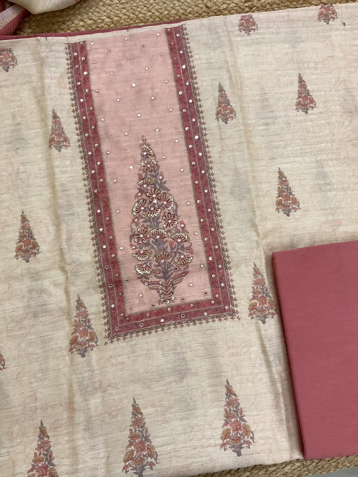 Soft Raw Silk Printed Embroidered Suit - Cream