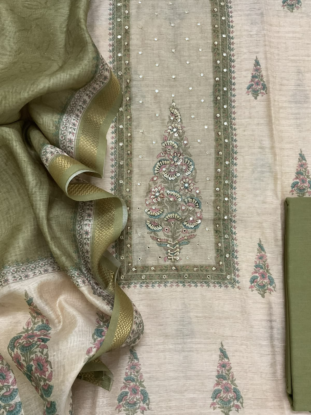 Soft Raw Silk Printed Embroidered Suit - Cream